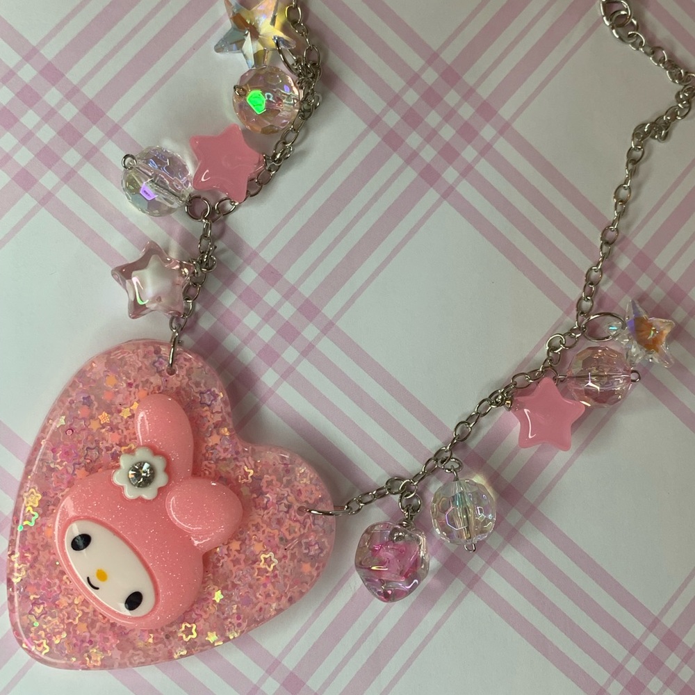 Pastel Pink Glitter Bunny heart charm necklace kawaii pastel goth sweet Lolita - Picture 5 of 5